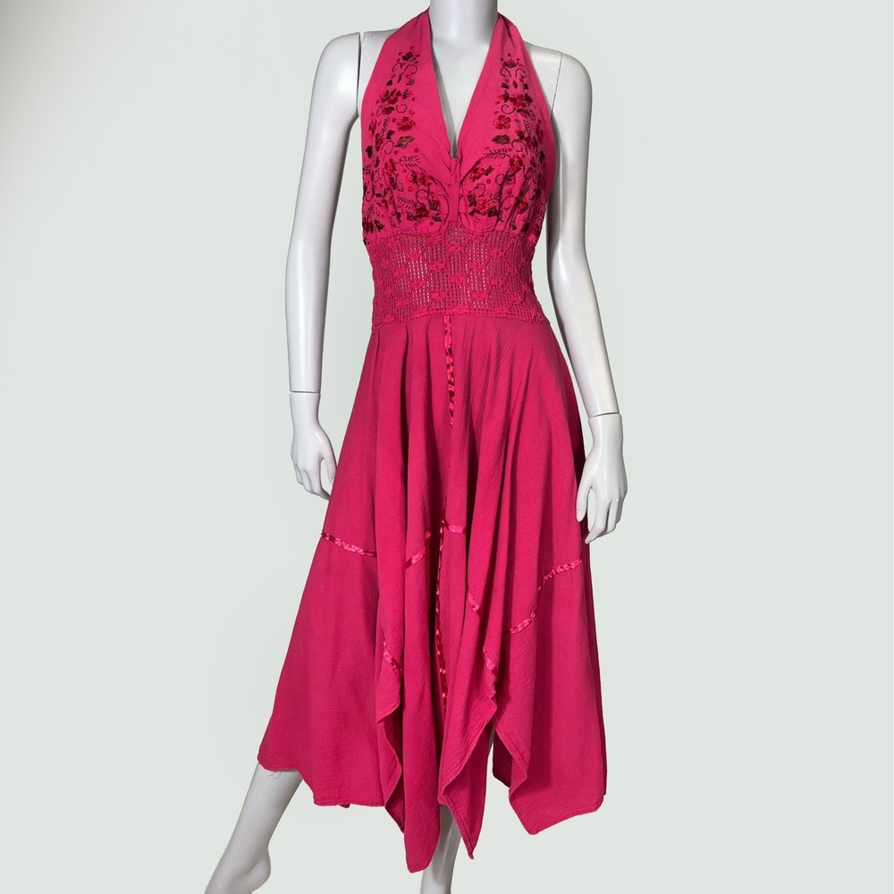 Hot Pink Embroidered Halter Dress Sz M Smocked Handkerchief Hem Hippie Festival